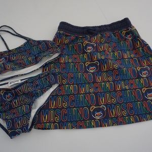 Girls Blue MOSCHINO Bikini & Matching Skirt Swimwear Logo Summer Beach